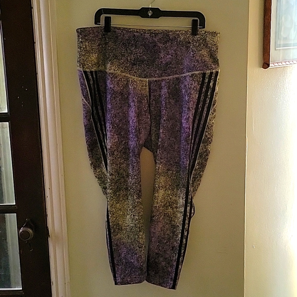 Adidas Womens 3X, PURPLE and LIME w/BLACK STRIPES GRAPHIC PRINT LEGGINGS.